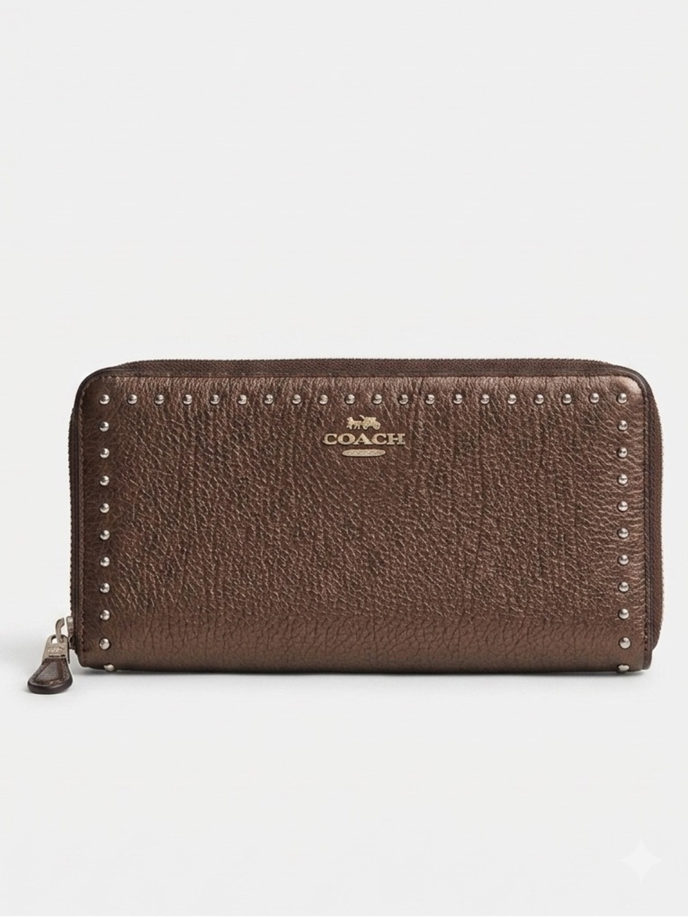 Coach Metallic Studded Pebbled Leather Accordion Zip Around Continental Wallet